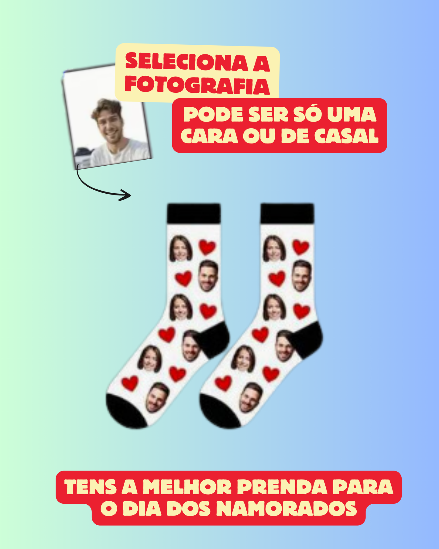 Meias Personalizadas com a Tua Cara (ou do Cão, Gato ou até Piriquito!) - corações