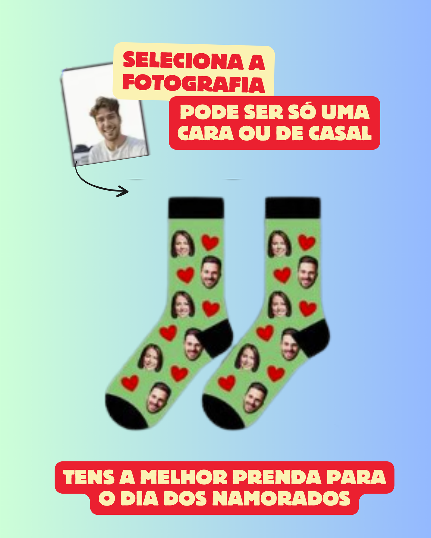 Meias Personalizadas com a Tua Cara (ou do Cão, Gato ou até Piriquito!) - corações