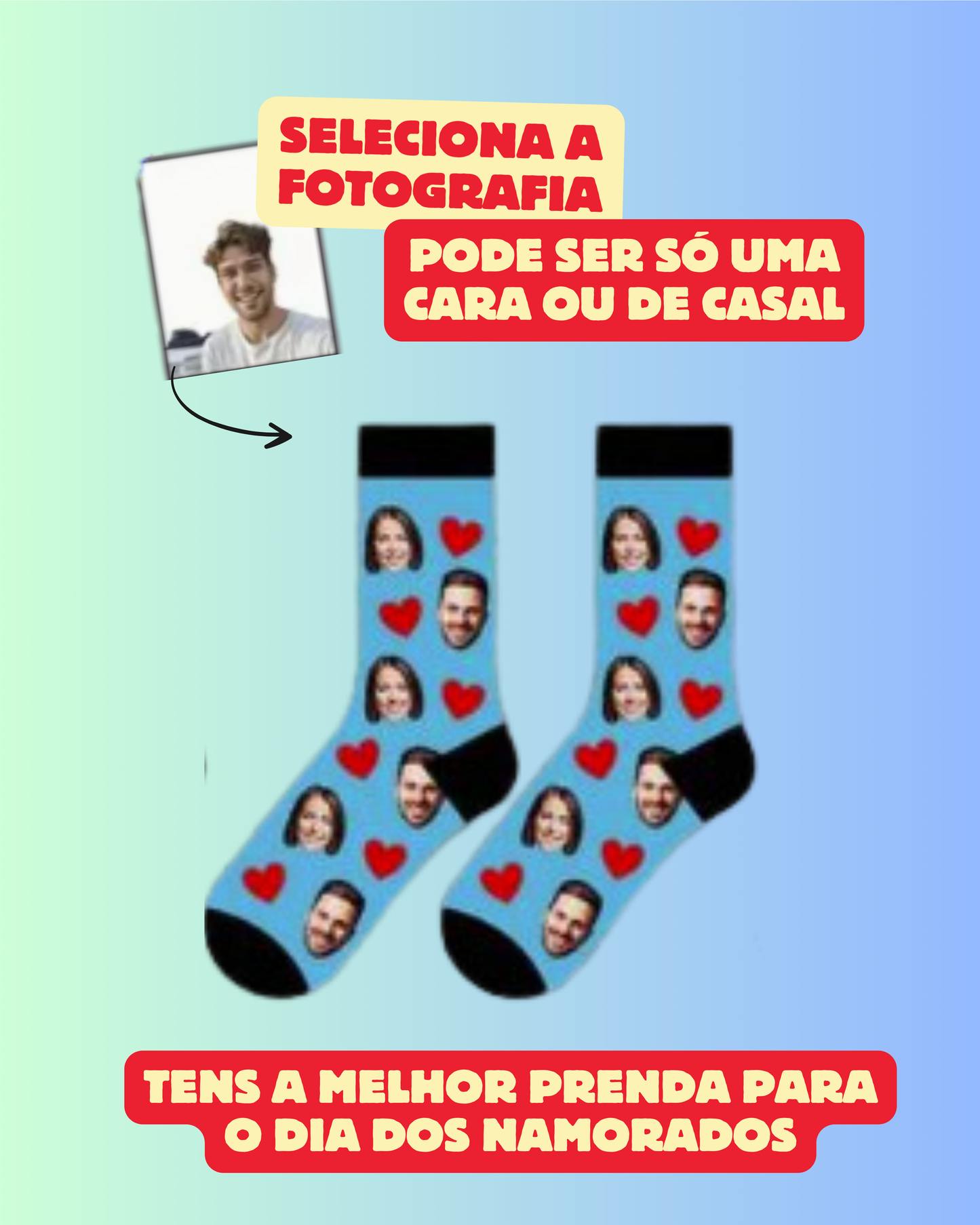 Meias Personalizadas com a Tua Cara (ou do Cão, Gato ou até Piriquito!) - corações