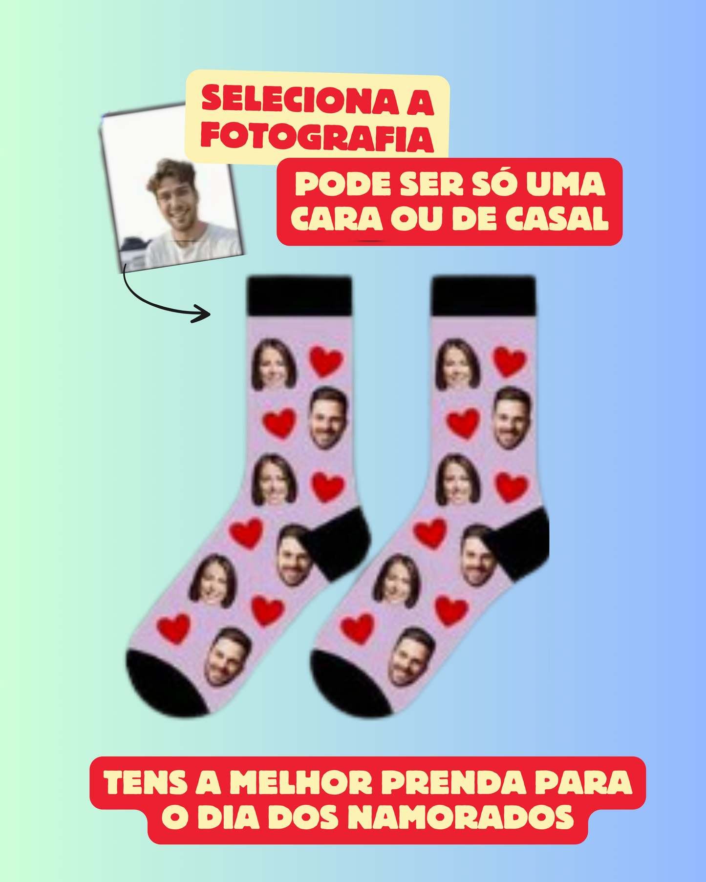 Meias Personalizadas com a Tua Cara (ou do Cão, Gato ou até Piriquito!) - corações