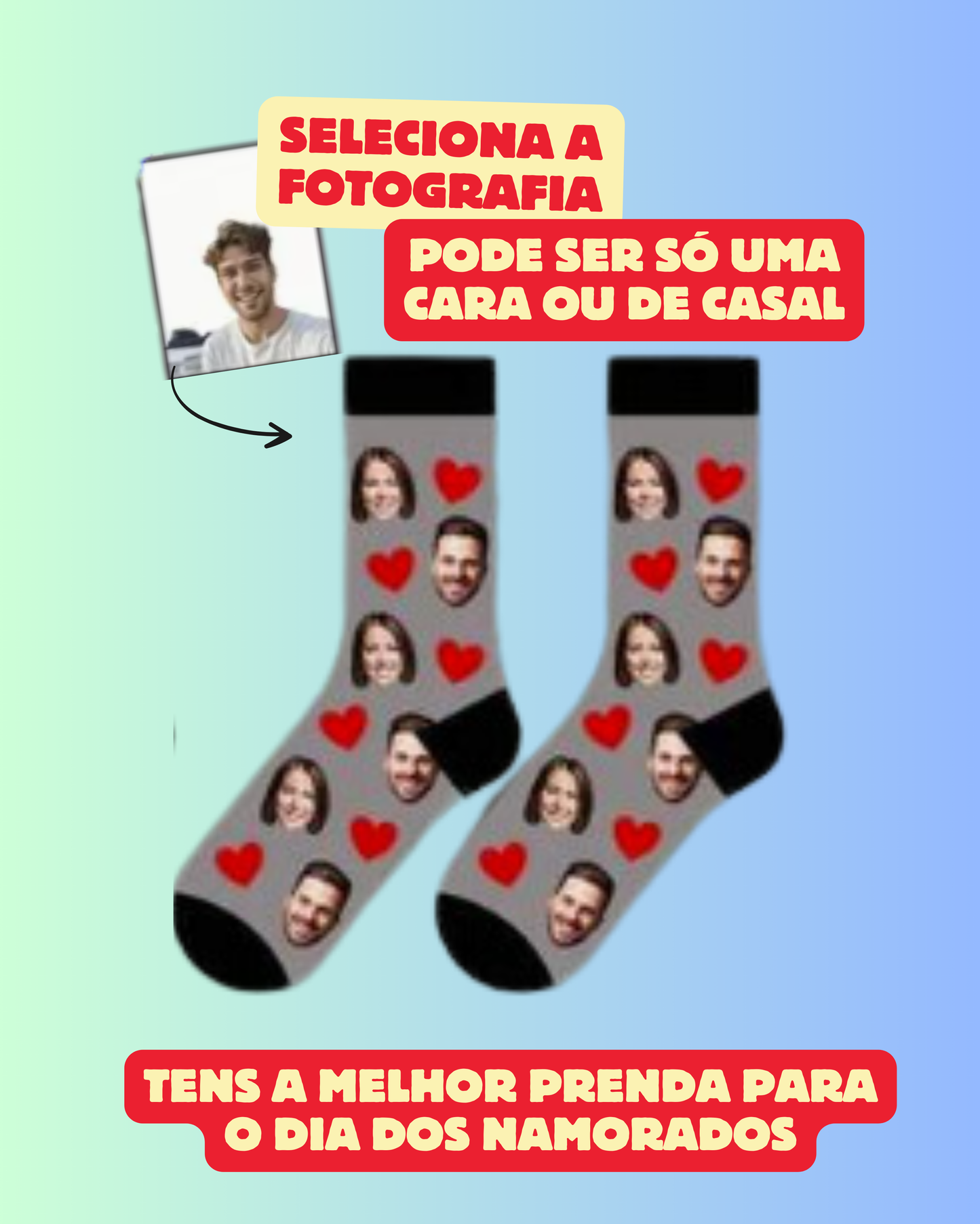 Meias Personalizadas com a Tua Cara (ou do Cão, Gato ou até Piriquito!) - corações