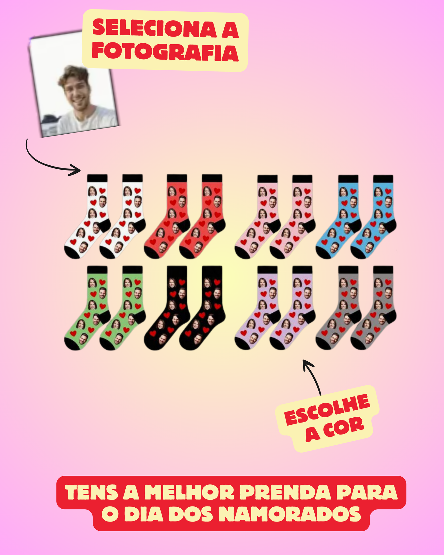 Meias Personalizadas com a Tua Cara (ou do Cão, Gato ou até Piriquito!) - corações